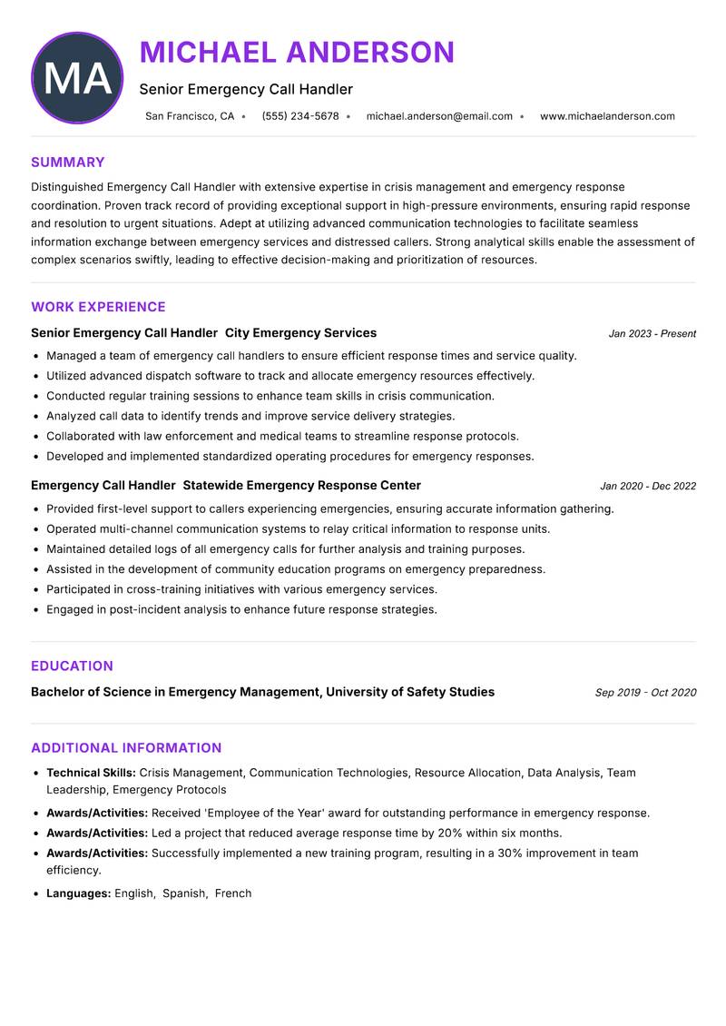 Emergency Call Handler resume example — ATS-friendly template