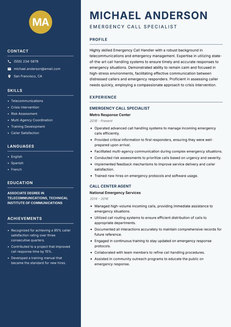 Emergency Call Handler resume template — Classic Clean