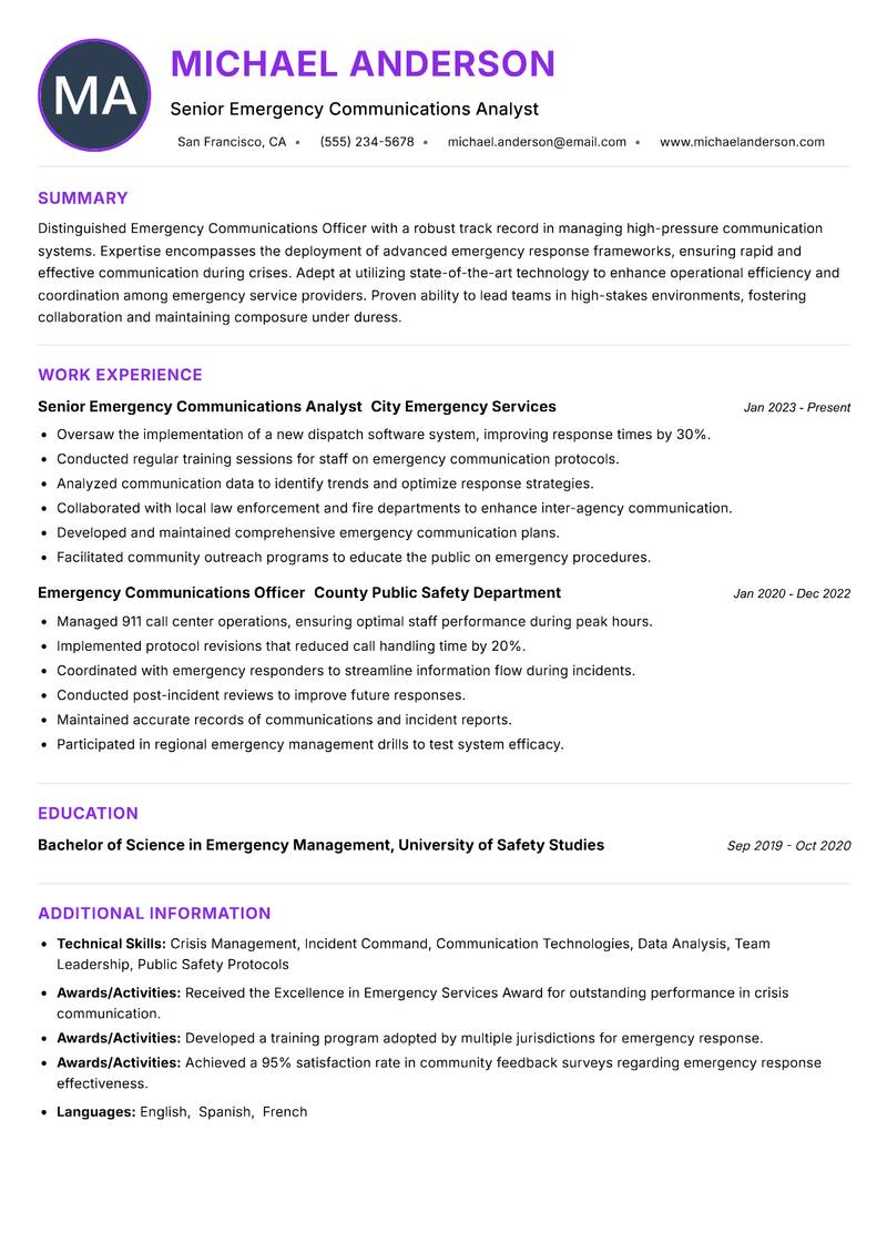 Emergency Communications Officer resume example — ATS-friendly template