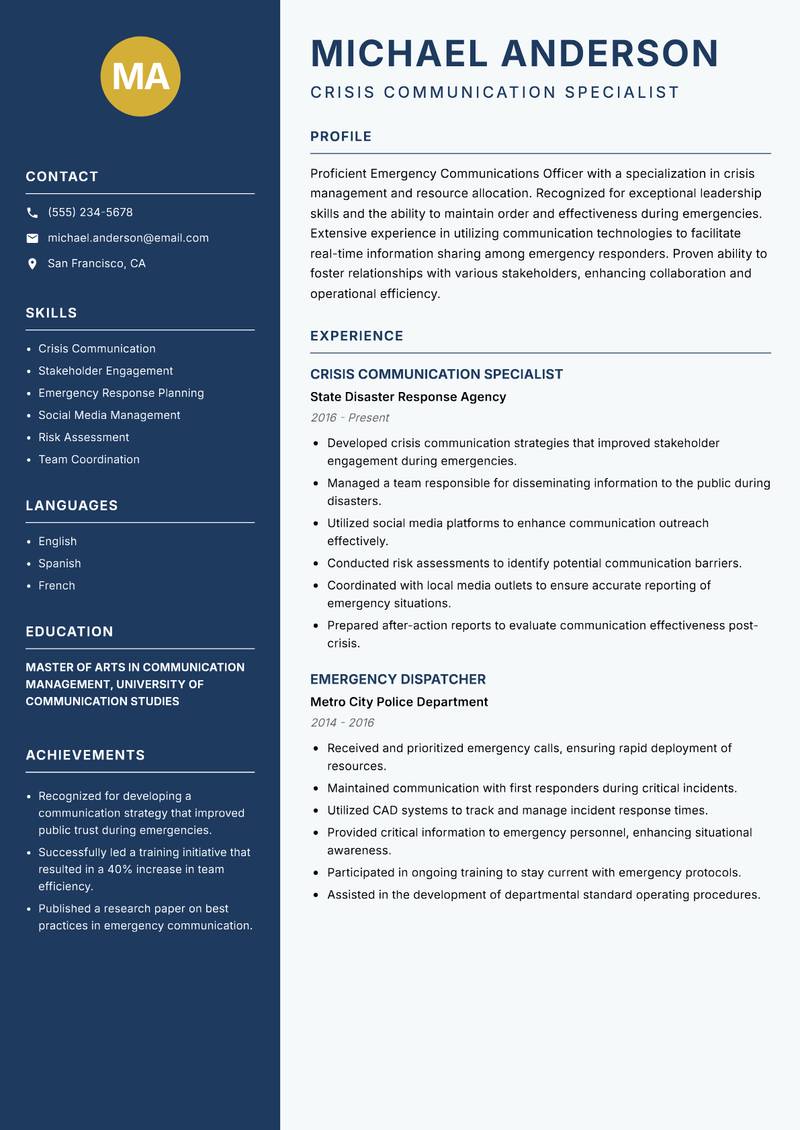 Emergency Communications Officer resume template — Classic Clean