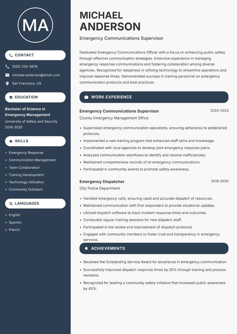 Emergency Communications Officer resume template — Compact
