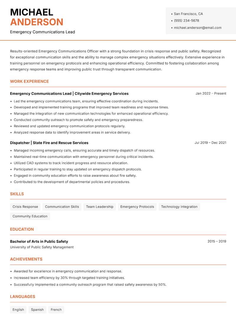 Emergency Communications Officer resume template — Modern Professional