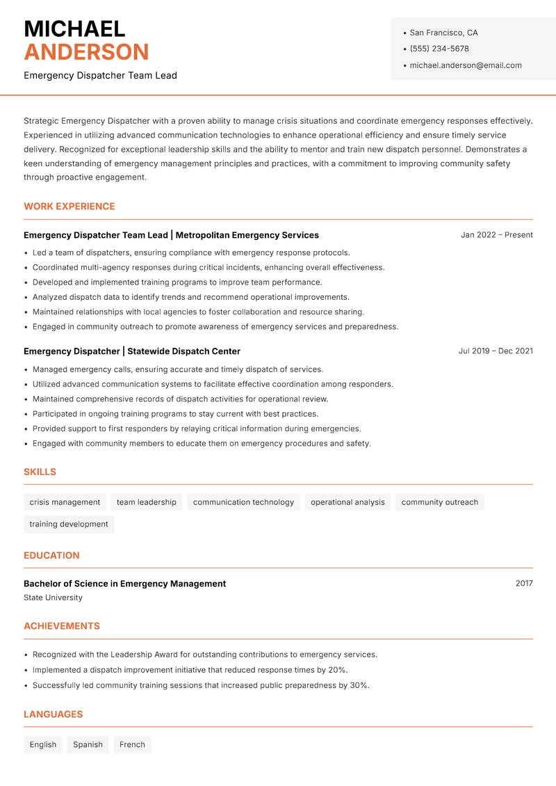 Emergency Dispatcher resume template — Modern Professional