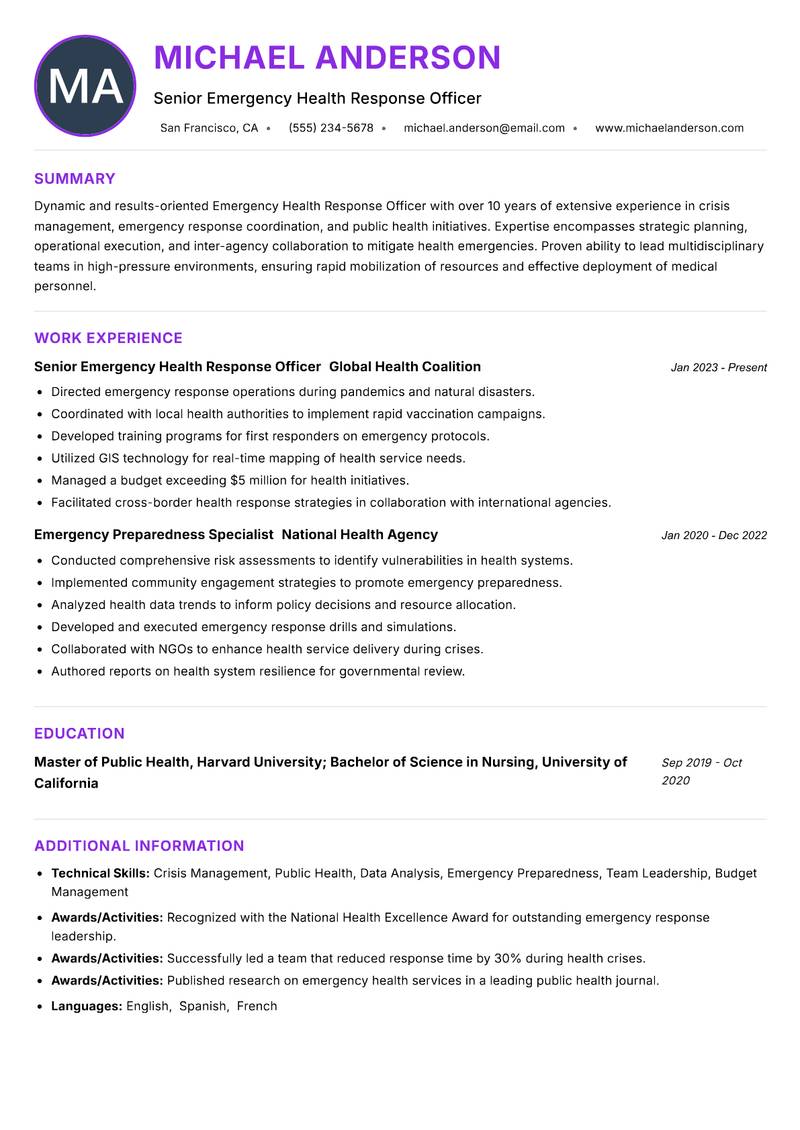 Emergency Health Response Officer resume example — ATS-friendly template