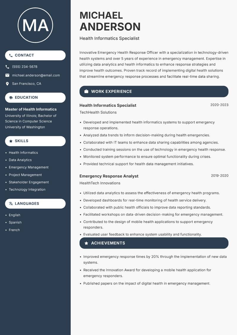 Emergency Health Response Officer resume template — Compact