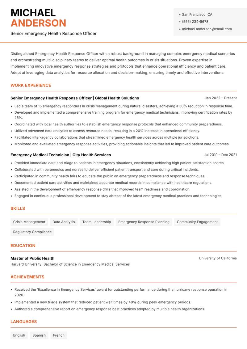 Emergency Health Response Officer resume template — Modern Professional