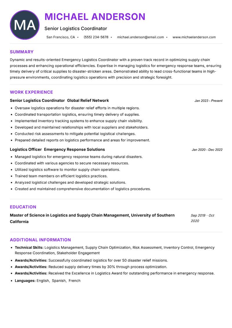 Emergency Logistics Coordinator resume example — ATS-friendly template