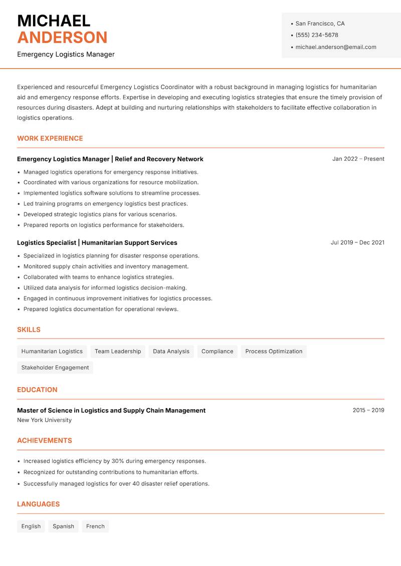 Emergency Logistics Coordinator resume template — Modern Professional