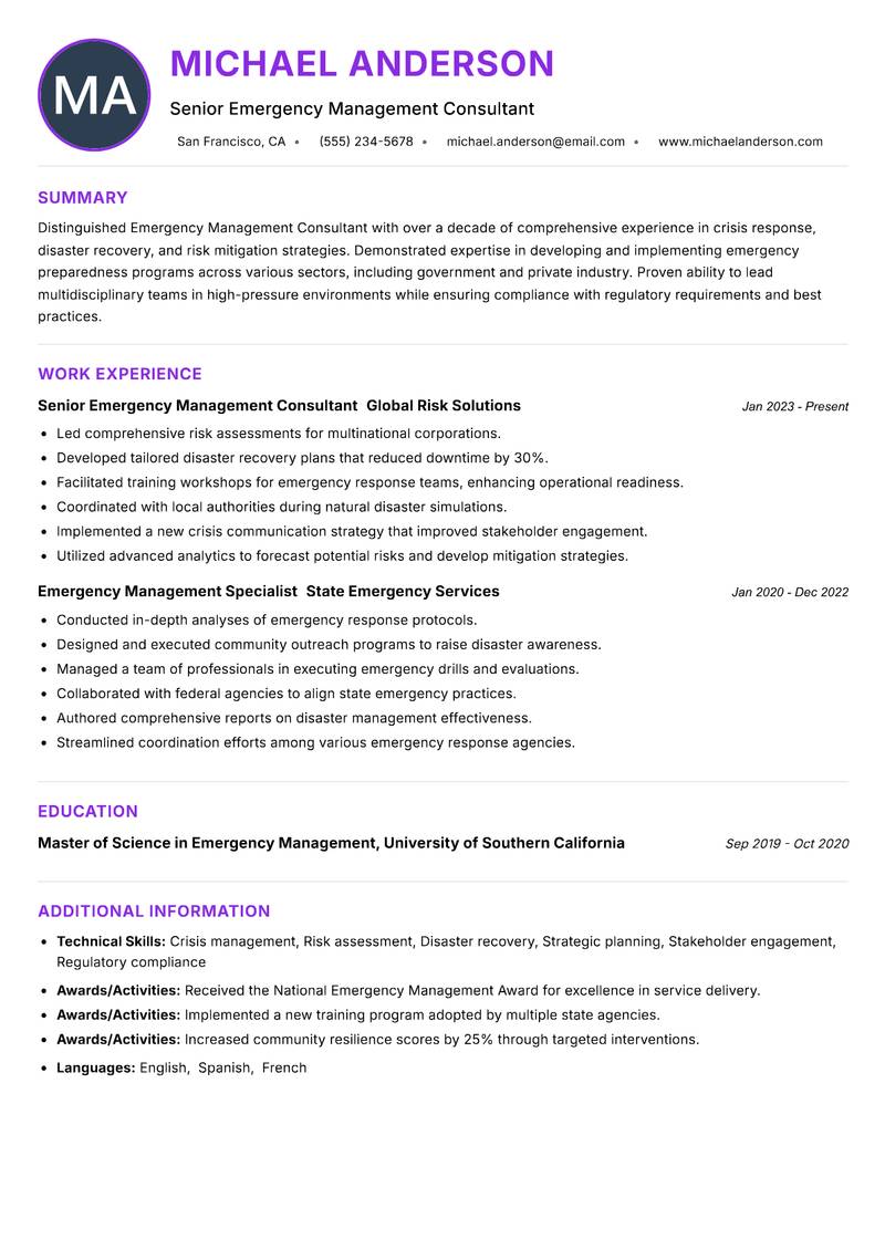 Emergency Management Consultant resume example — ATS-friendly template