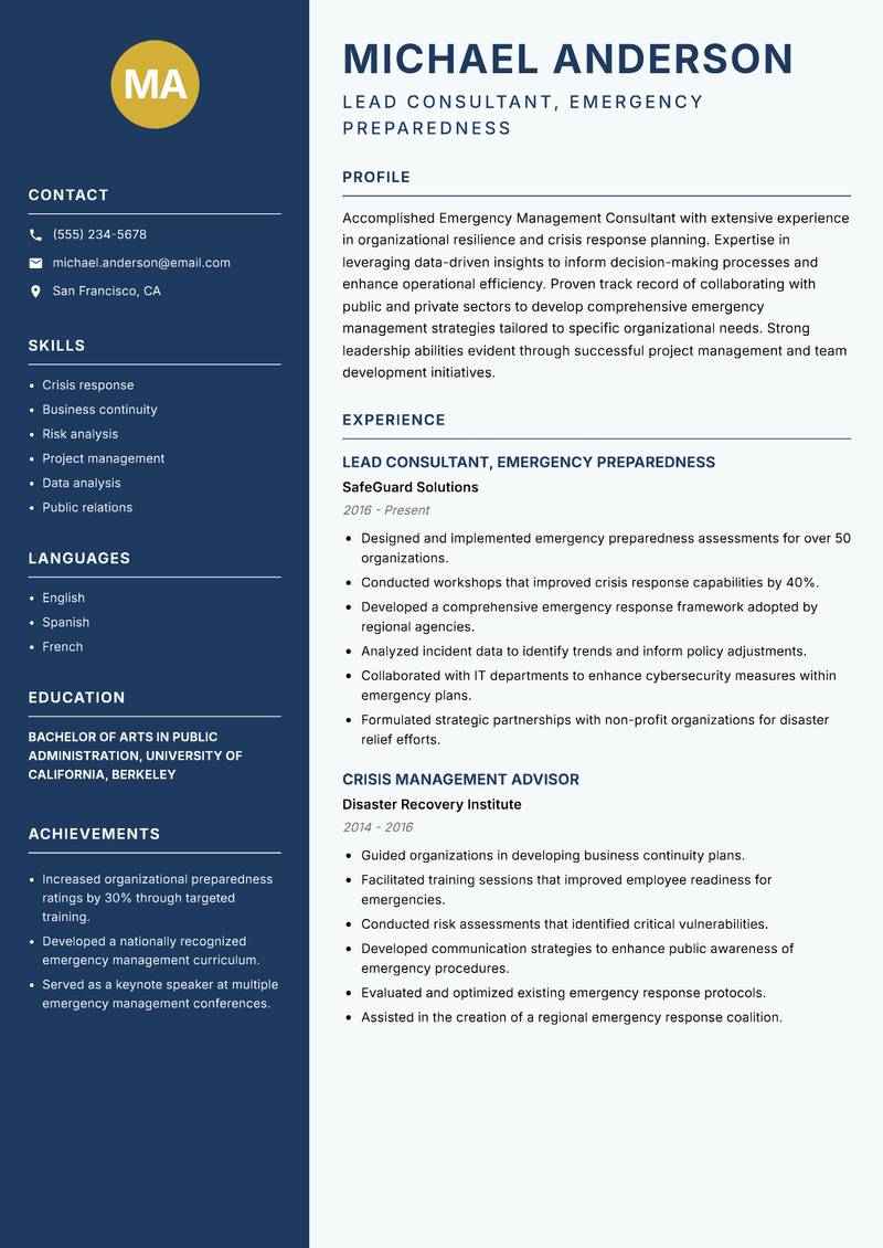 Emergency Management Consultant resume template — Classic Clean