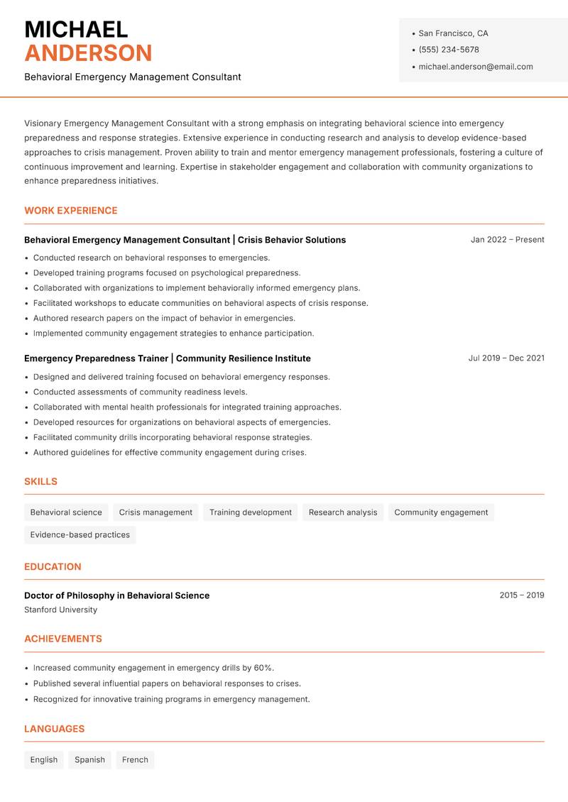 Emergency Management Consultant resume template — Modern Professional