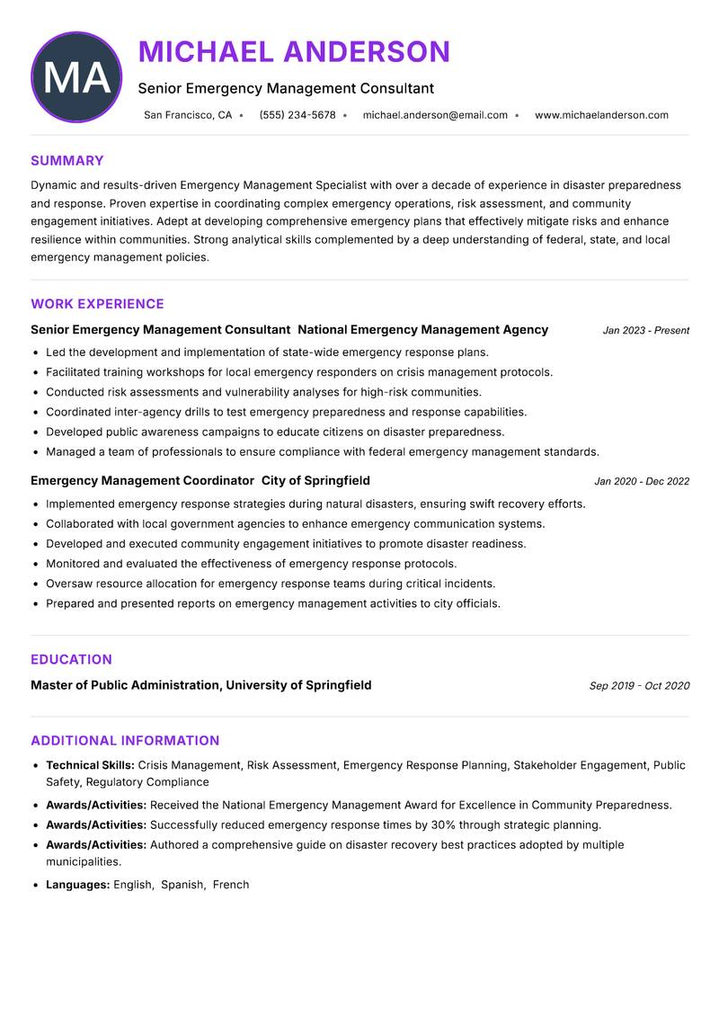 Emergency Management Specialist resume example — ATS-friendly template