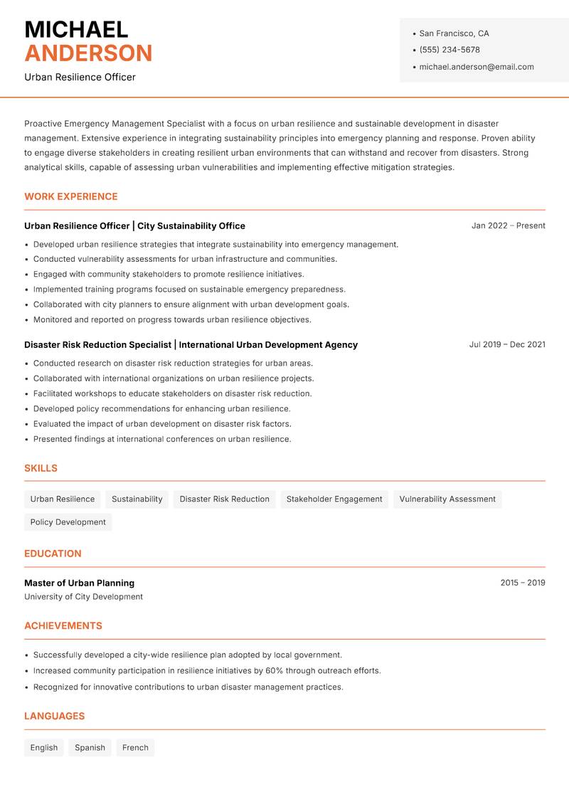 Emergency Management Specialist resume template — Modern Professional