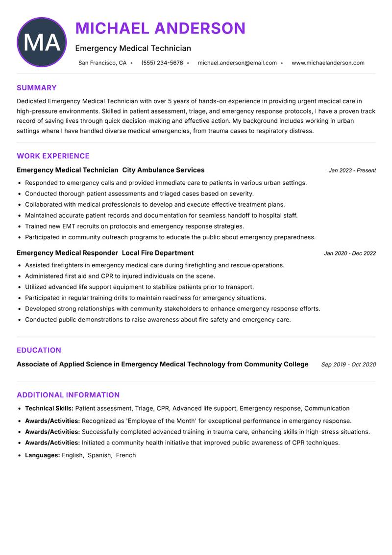 Emergency Medical Technician resume example — ATS-friendly template