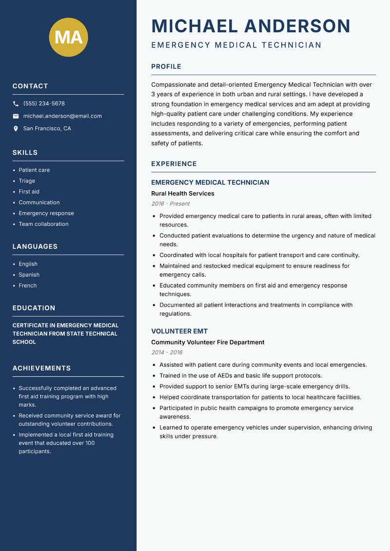 Emergency Medical Technician resume template — Classic Clean
