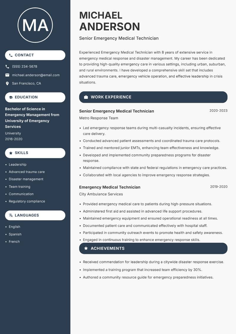 Emergency Medical Technician resume template — Compact