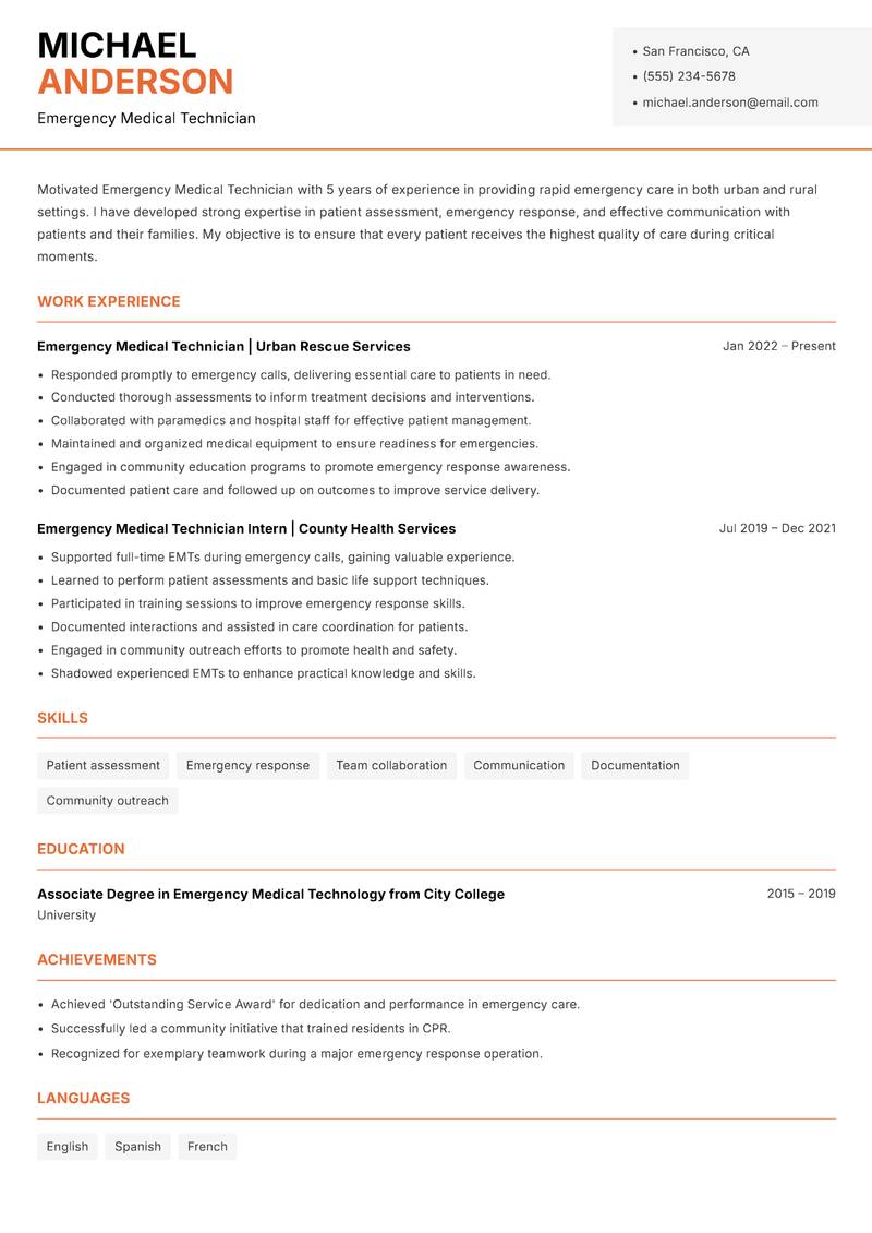 Emergency Medical Technician resume template — Modern Professional