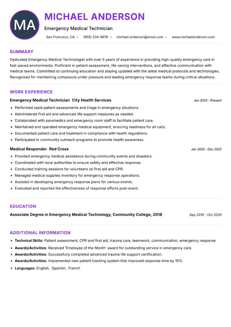 Emergency Medical Technologist resume example — ATS-friendly template