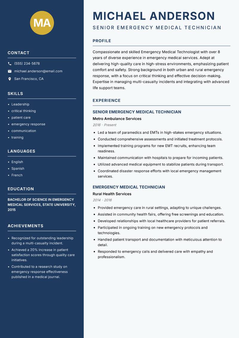 Emergency Medical Technologist resume template — Classic Clean