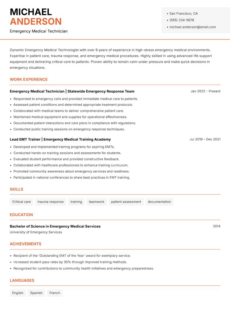 Emergency Medical Technologist resume template — Modern Professional