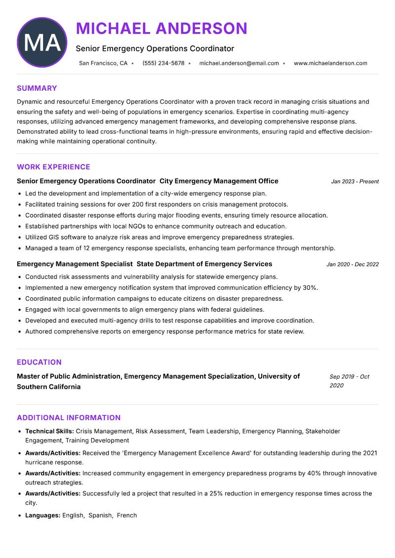 Emergency Operations Coordinator resume example — ATS-friendly template