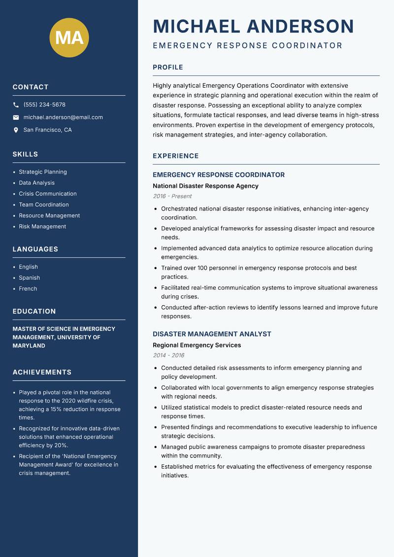 Emergency Operations Coordinator resume template — Classic Clean