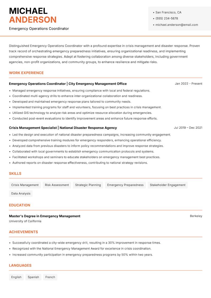 Emergency Operations Coordinator resume template — Modern Professional