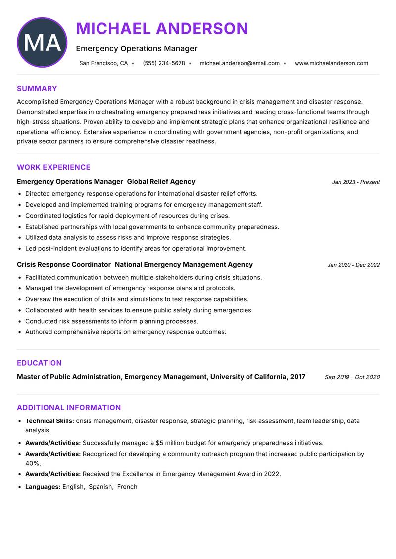 Emergency Operations Manager resume example — ATS-friendly template