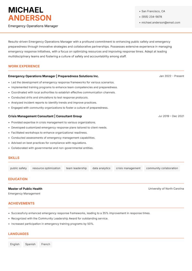 Emergency Operations Manager resume template — Modern Professional