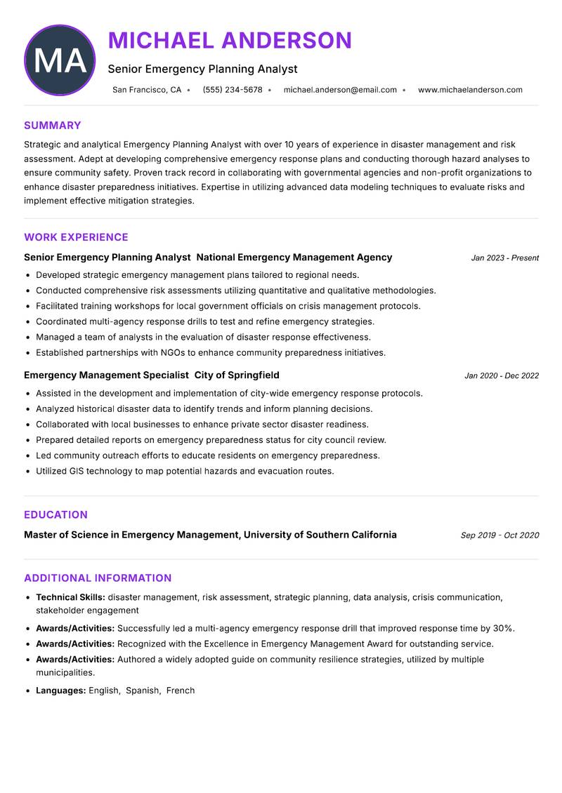 Emergency Planning Analyst resume example — ATS-friendly template