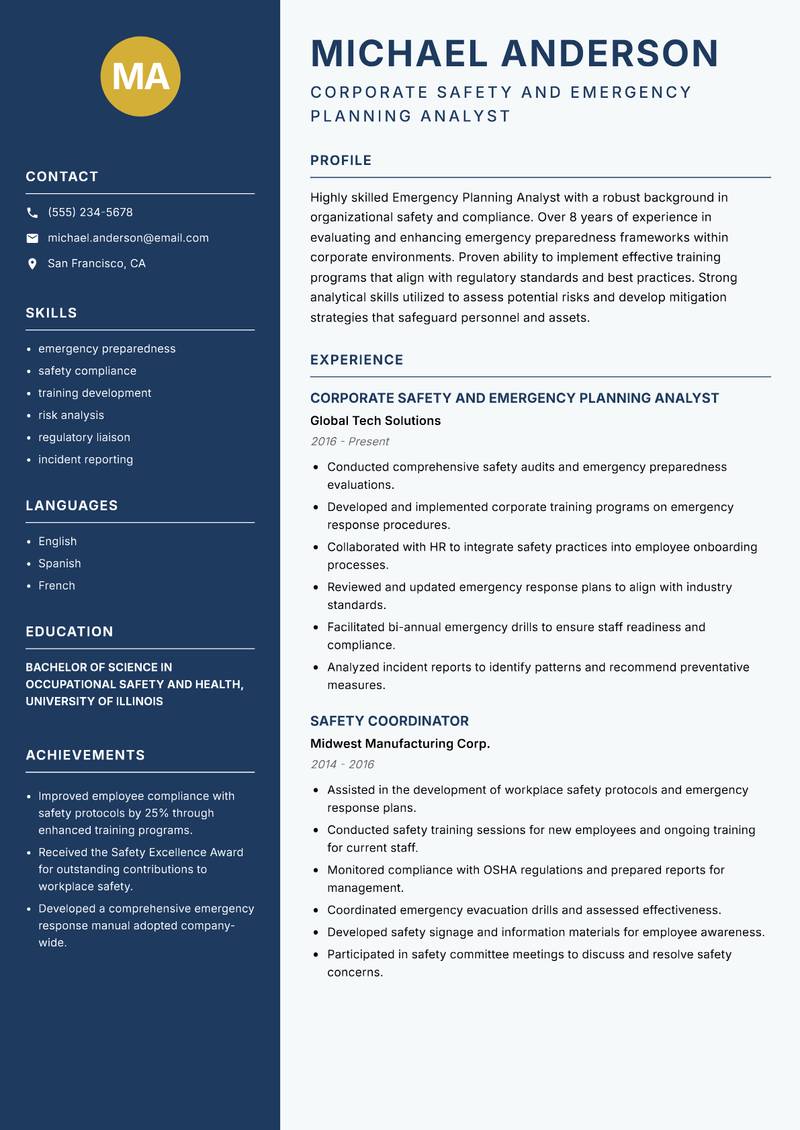 Emergency Planning Analyst resume template — Classic Clean