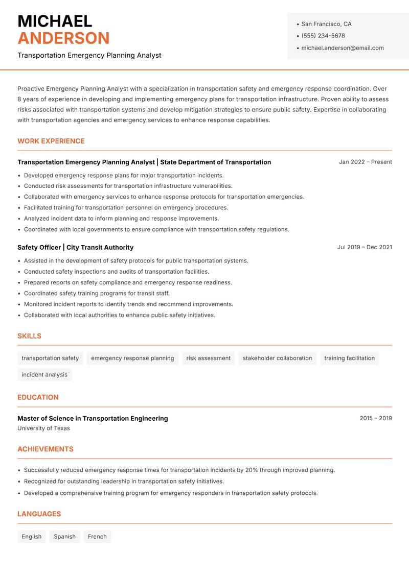 Emergency Planning Analyst resume template — Modern Professional