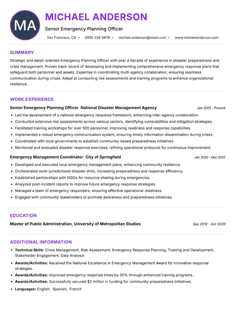 Emergency Planning Officer resume example — ATS-friendly template