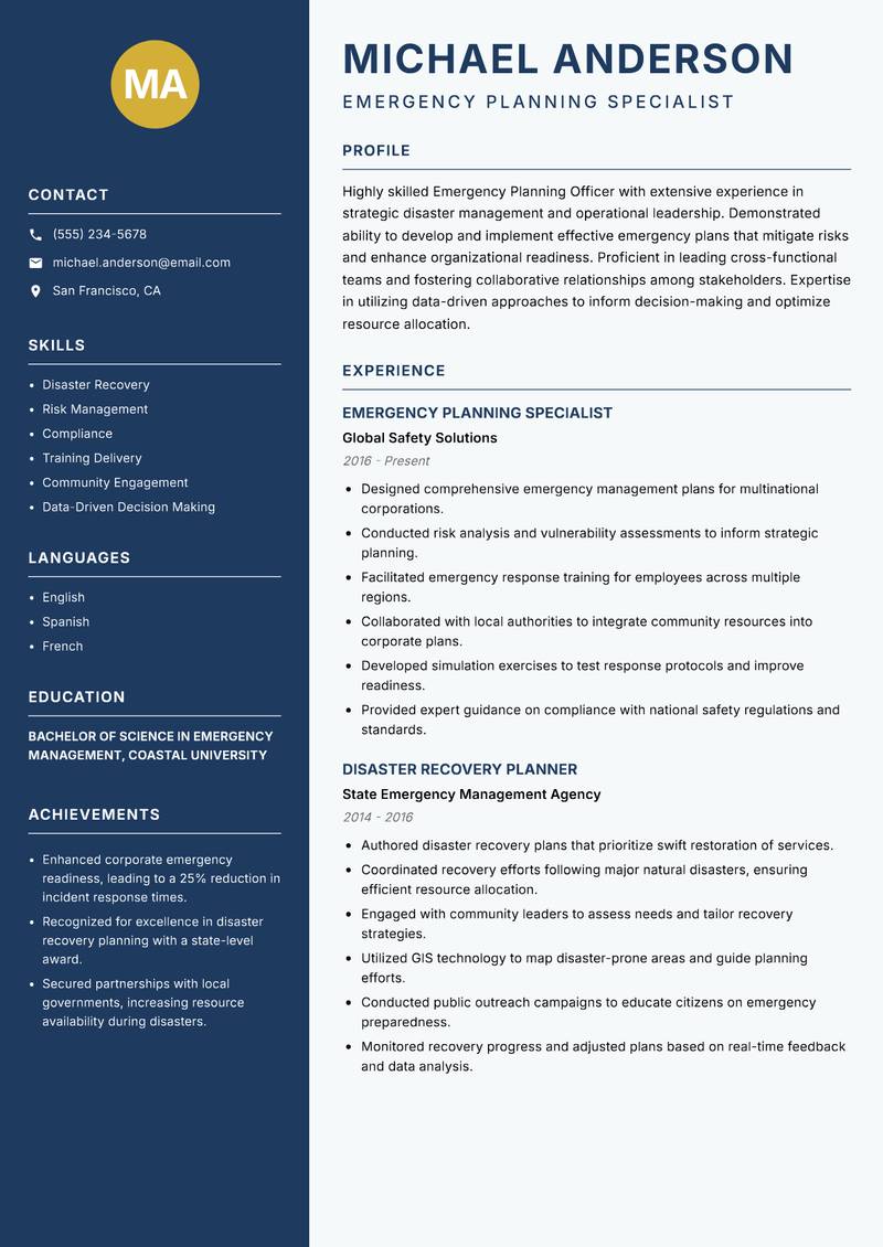 Emergency Planning Officer resume template — Classic Clean