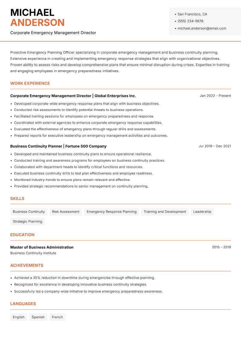 Emergency Planning Officer resume template — Modern Professional