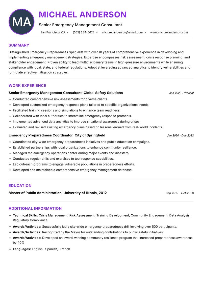 Emergency Preparedness Specialist resume example — ATS-friendly template