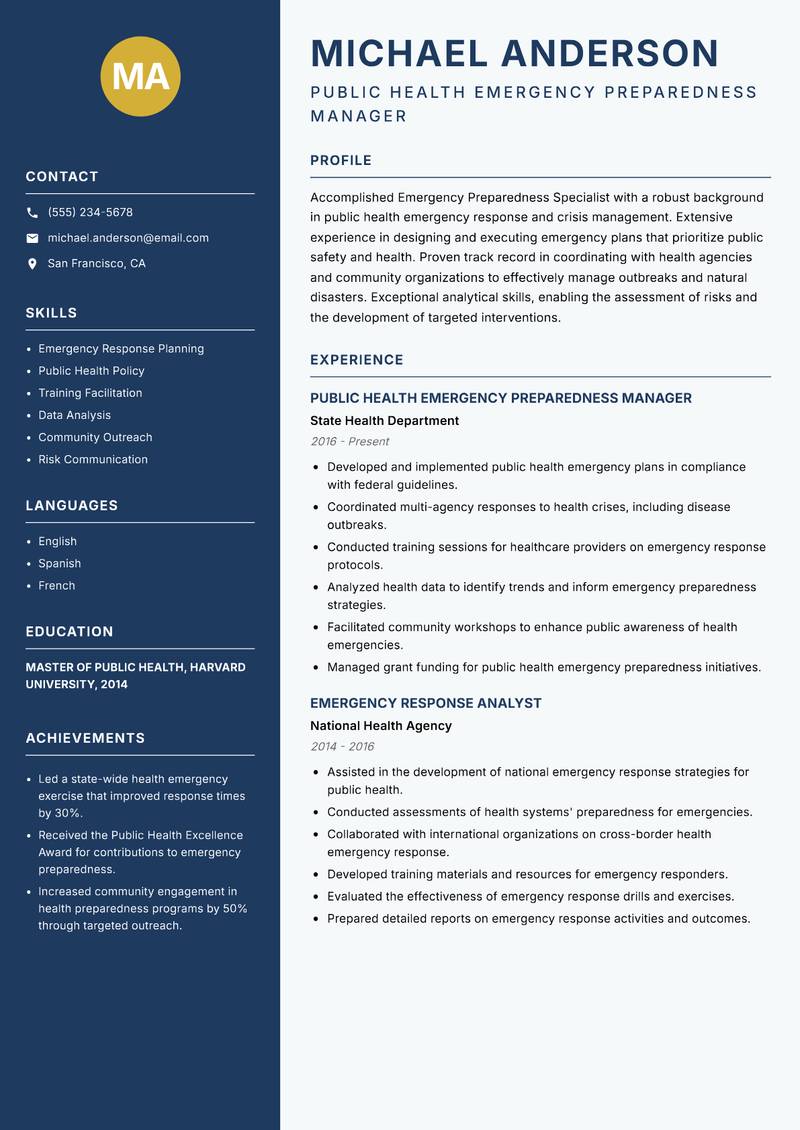 Emergency Preparedness Specialist resume template — Classic Clean