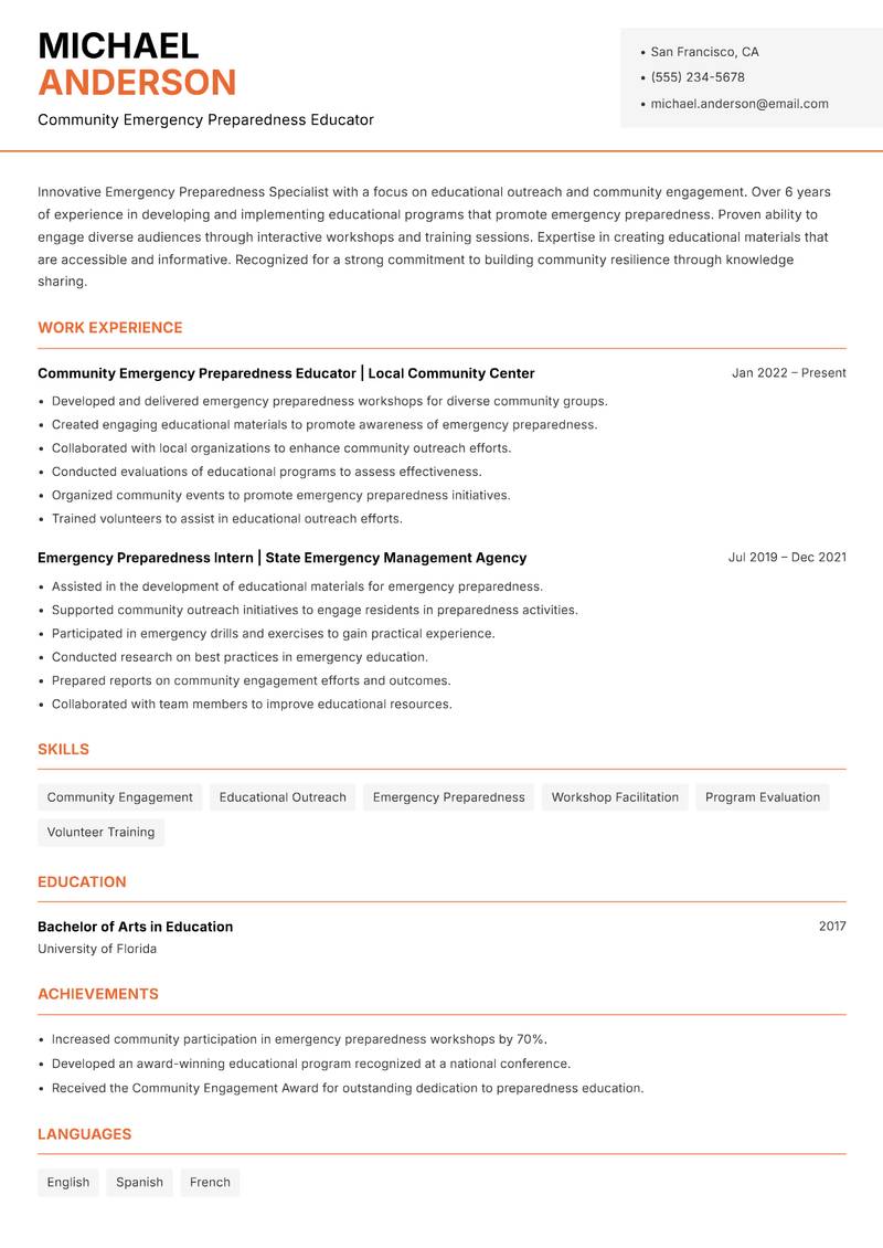 Emergency Preparedness Specialist resume template — Modern Professional