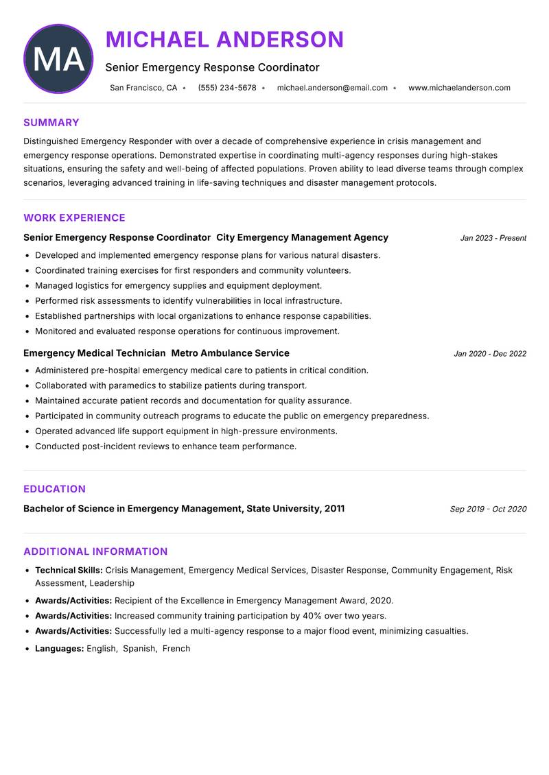 Emergency Responder resume example — ATS-friendly template