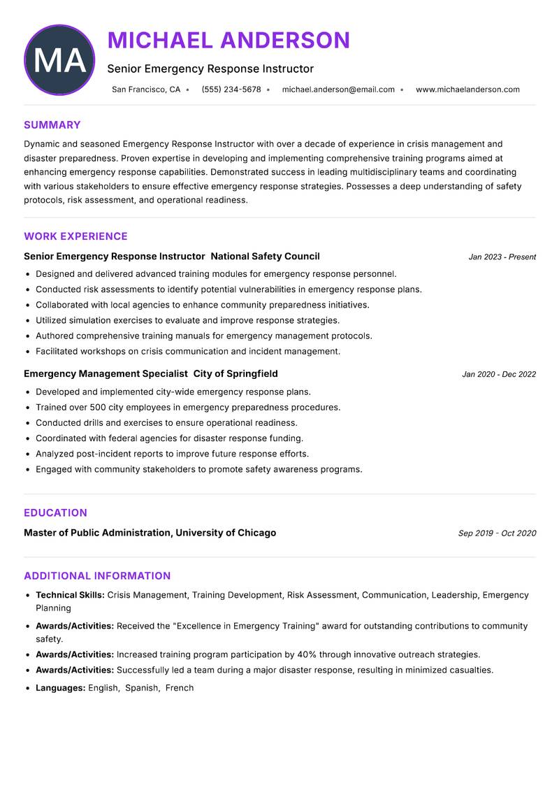 Emergency Response Instructor resume example — ATS-friendly template
