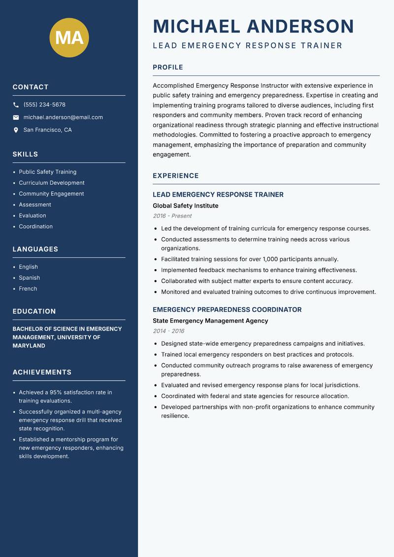 Emergency Response Instructor resume template — Classic Clean