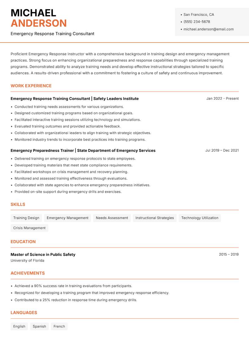 Emergency Response Instructor resume template — Modern Professional