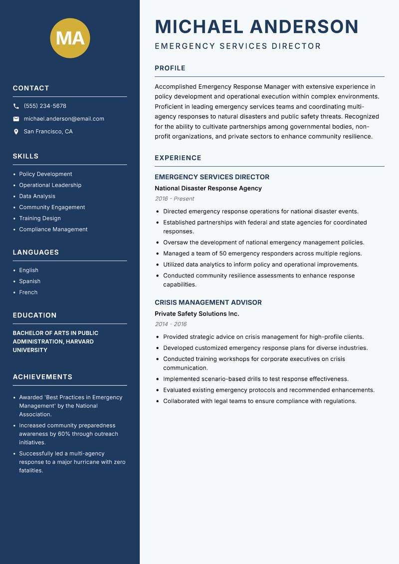 Emergency Response Manager resume template — Classic Clean