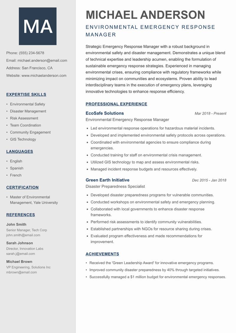 Emergency Response Manager resume template — Creative Minimal