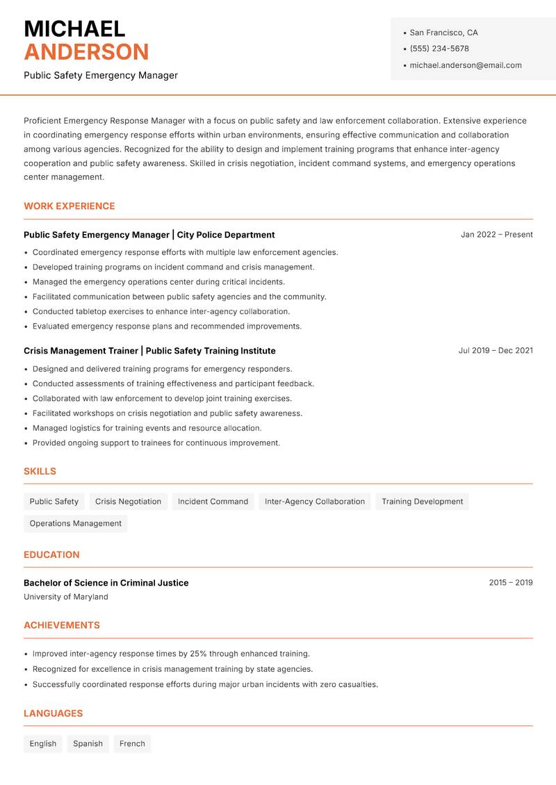 Emergency Response Manager resume template — Modern Professional
