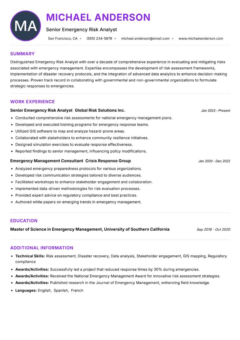 Emergency Risk Analyst resume example — ATS-friendly template