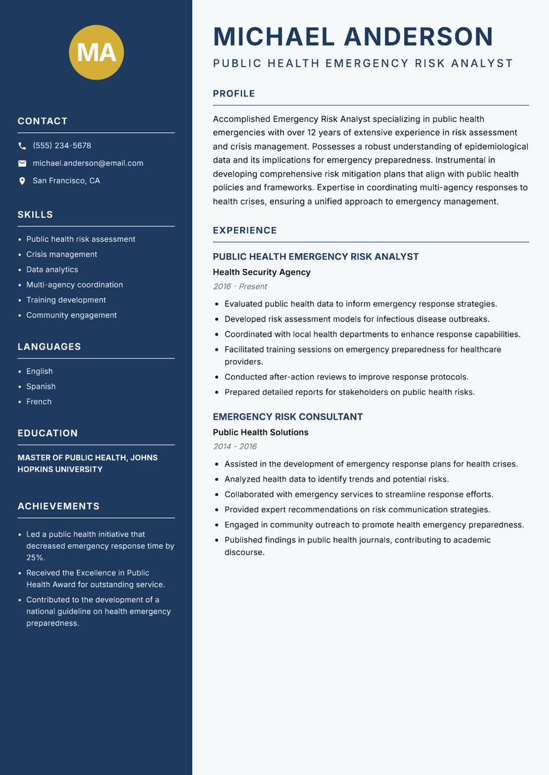 Emergency Risk Analyst resume template — Classic Clean