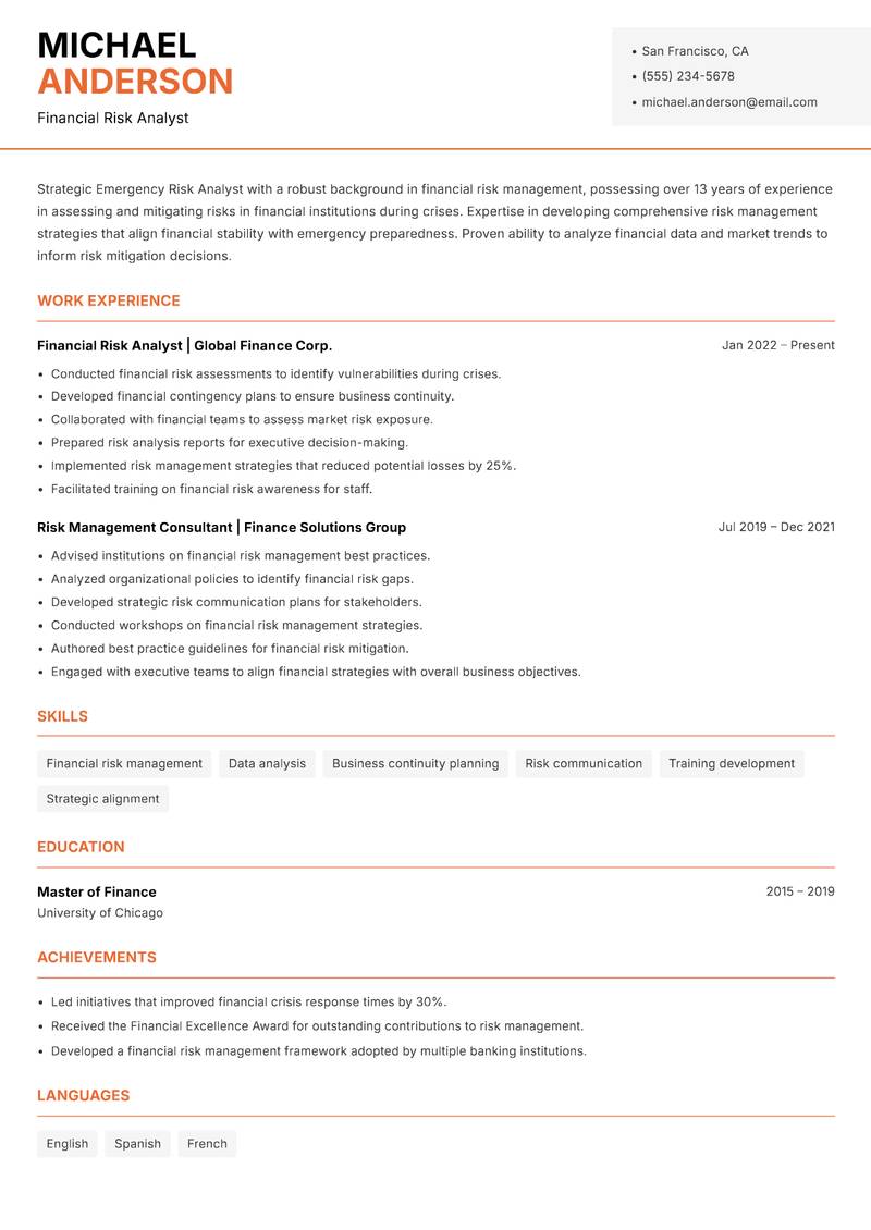 Emergency Risk Analyst resume template — Modern Professional