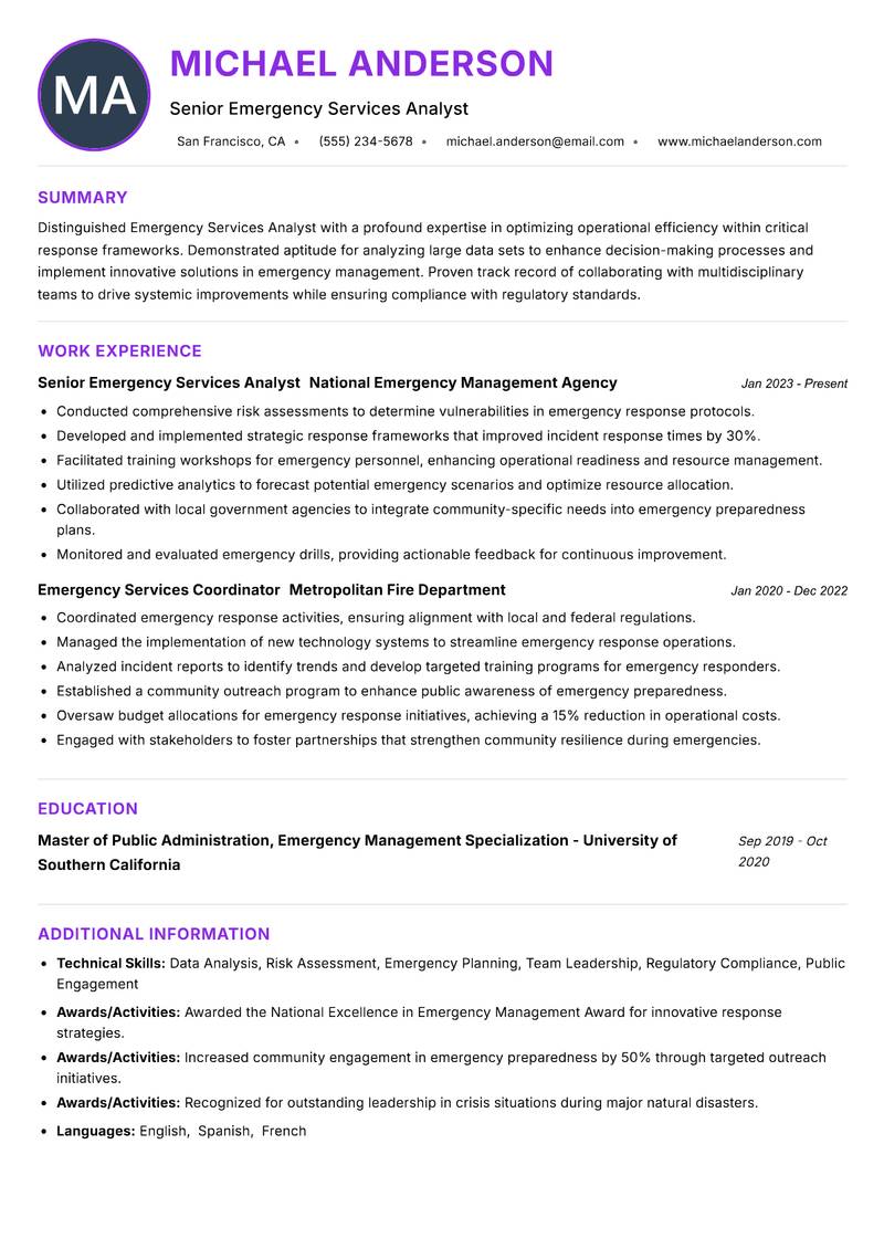Emergency Services Analyst resume example — ATS-friendly template