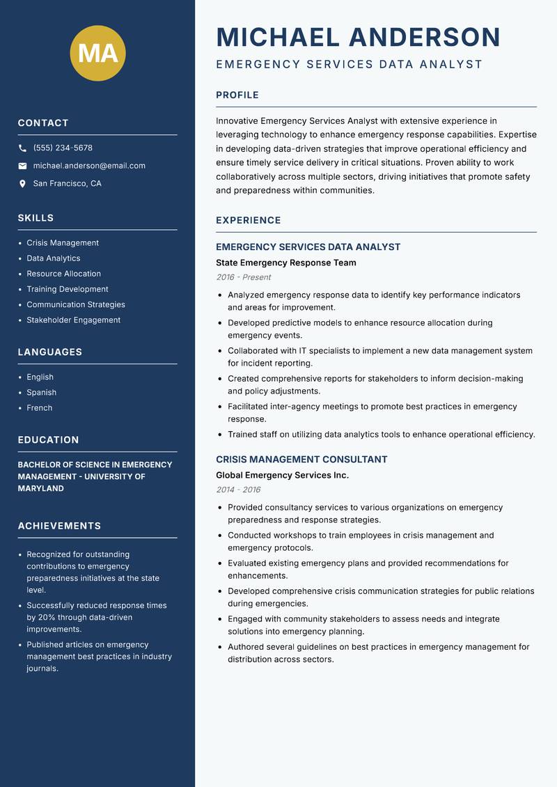Emergency Services Analyst resume template — Classic Clean